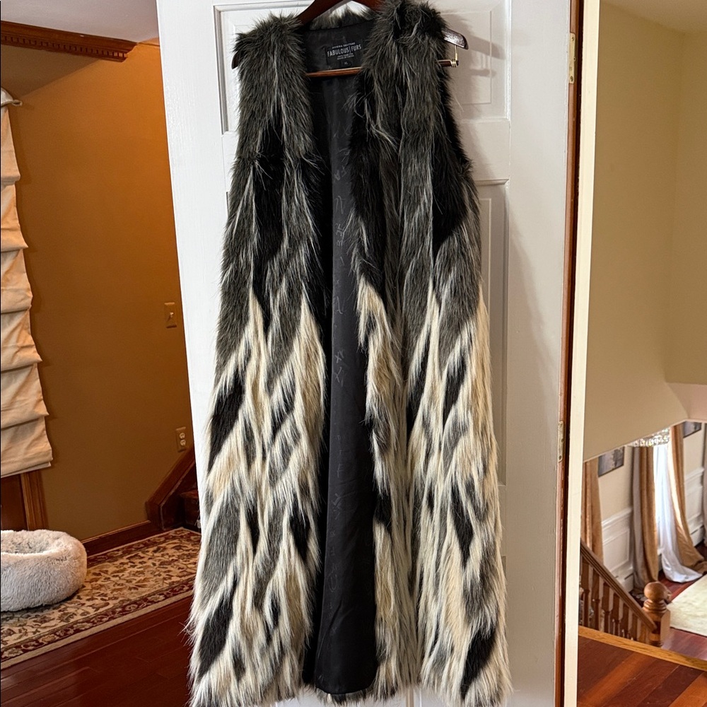 Fabulous Furs Black and Cream Faux Fur Long Vest
